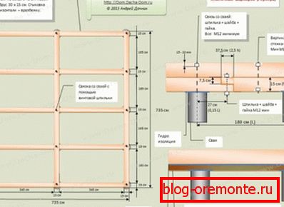 Detailplan, der das Pfahlfeld für das Fundament und das Prinzip seiner Bindung in zwei Versionen zeigt Detailplan, der das Pfahlfeld für das Fundament und das Prinzip seiner Bindung in zwei Versionen zeigt