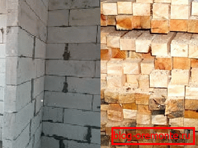 Amateurfoto der Wand aus Porenbetonblöcken und Holz aus der Reihe